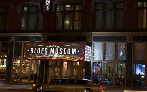 The entrance and main sign for the National Blues Museum in St. Louis, Missouri
