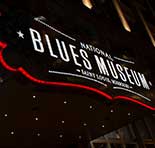 Close-up photograph of the National Blues Museum sign in St. Louis, Missouri