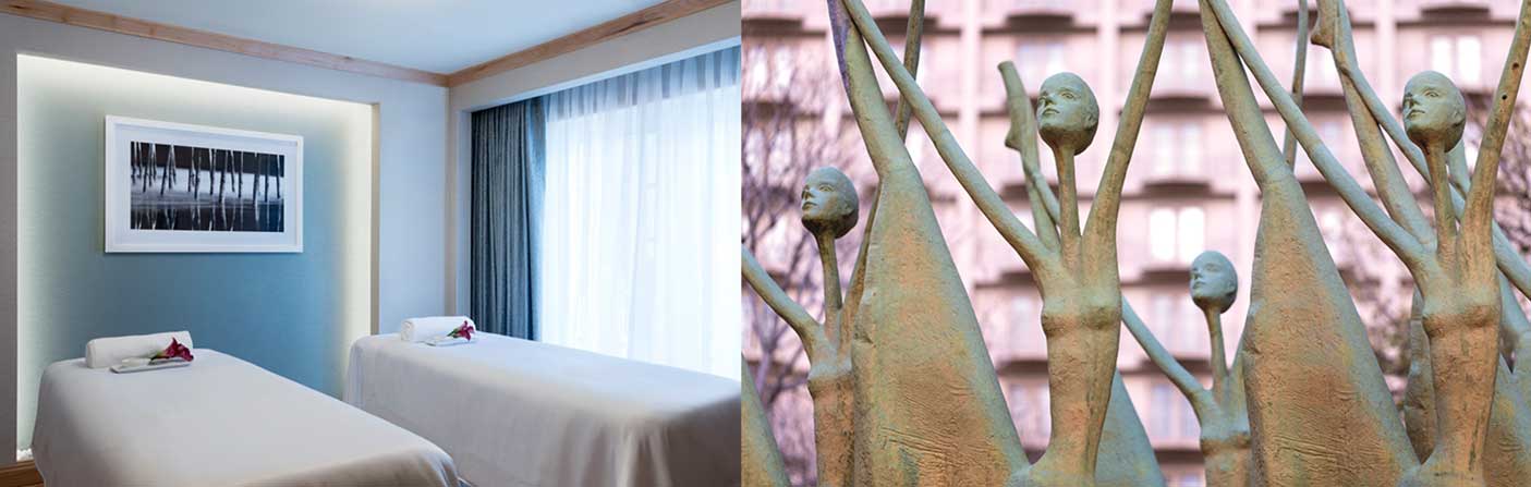 Two sheet-draped massage tables await visitors at the Ritz-Carlton in St. Louis, Missouri | Statues of ballerinas in the Ballerina Fountain outside the Ritz-Carlton in St. Louis, Missouri