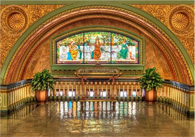 Stained glass depiction of train travel in the 1890s at St. Louis Union Station