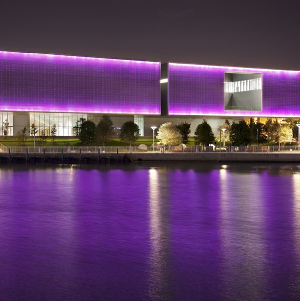 LED exterior of Tampa Museum of Art from Tampa Riverwalk in Florida