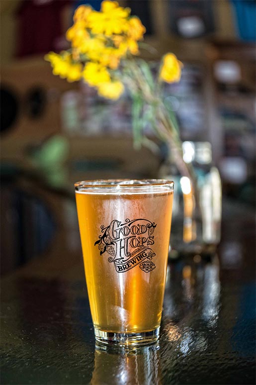 A pint of beer on the table at Good Hops Brewing in Carolina Beach, North Carolina