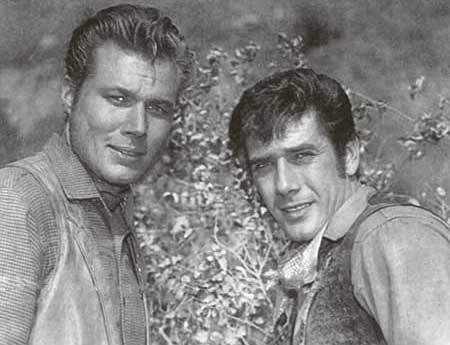 Two actors look at the camera for the TV show Laramie, in Laramie, Wyoming