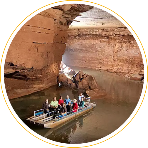 Tour group on boat ride in Lost River Cave in Bowling Green, KY