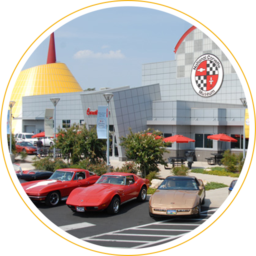 Classic Corvettes parked outside the National Corvette Museum in Bowling Green, Kentucky