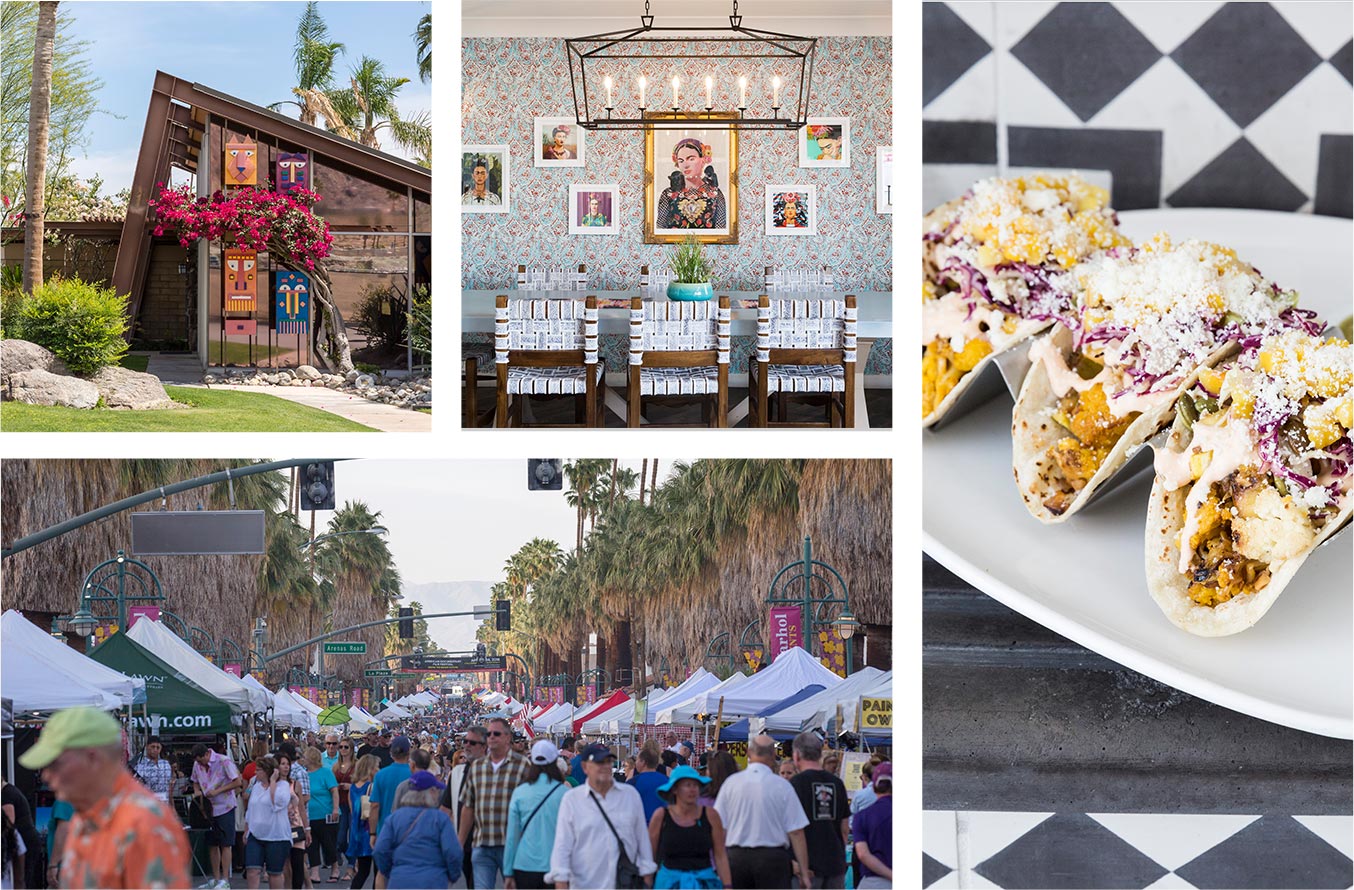 Collage showcasing Palm Springs architecture, festival and food