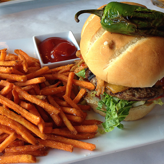 Jalapeño burger with sweet potato fries at a Seaside, Oregon restaurant