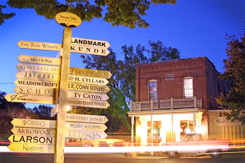 Multi-attraction sign in downtown Glen Ellen, Sonoma Valley, California