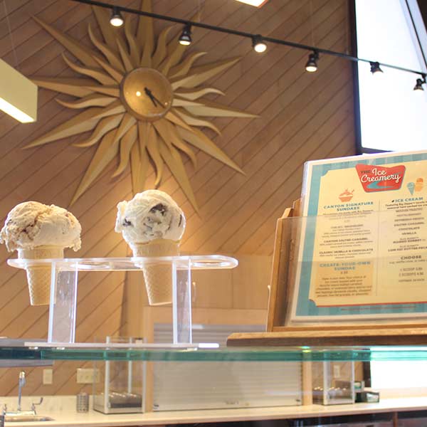 Two ice cream cones displayed on the counter of The Ice Creamery at Canyon Lodge and Cabins in Yellowstone National Park in Wyoming