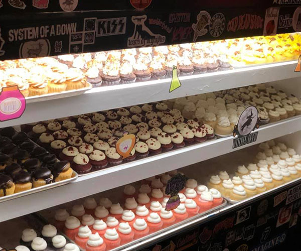 Rows of colorful cupcakes at Rock City Cake Company in Charleston WV.