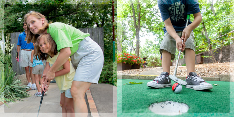 A mother helps her daughter swing the putter and a boy tries to putt a Pokeball-painted golf ball into the hole at Sugar Creek Miniature Golf in Lake Ozark, Missouri