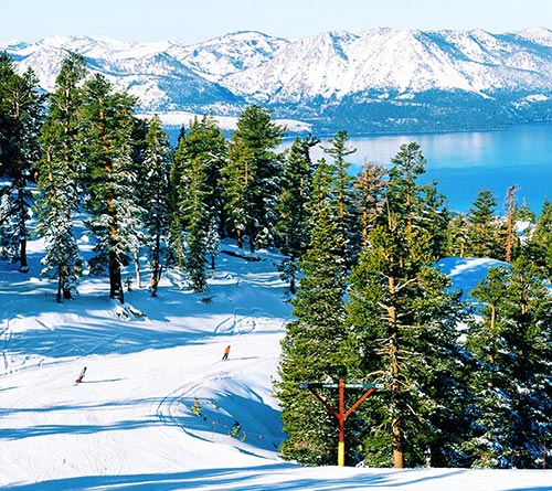 A faraway shot of two people skiing down a mountain trail flanked by tall pine trees with the lake and snow capped mountains in the distance.