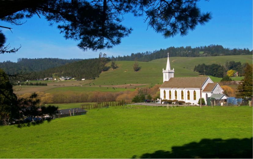  A church sits in a shallow valley just outside of Petaluma