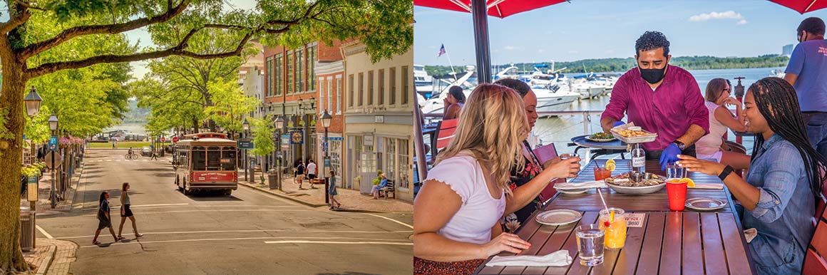  Two pictures side by side, on the left is a trolley rolling down the street of Old Town Alexandria as tourists cross the street and walk past shops. On the right, two tourists sit in green beach chairs at the Alexandria Waterfront while kids play in front of them and a sailboat floats past in the water. 