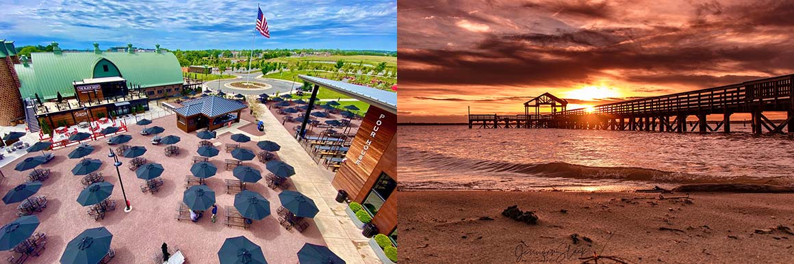 Two pictures side by side, on the left are umbrella covered tables set on an expansive patio at Farm Brew Live, an American flag waves high in the air. On the right, the beach and pier at Leesylvania, Virginia. 