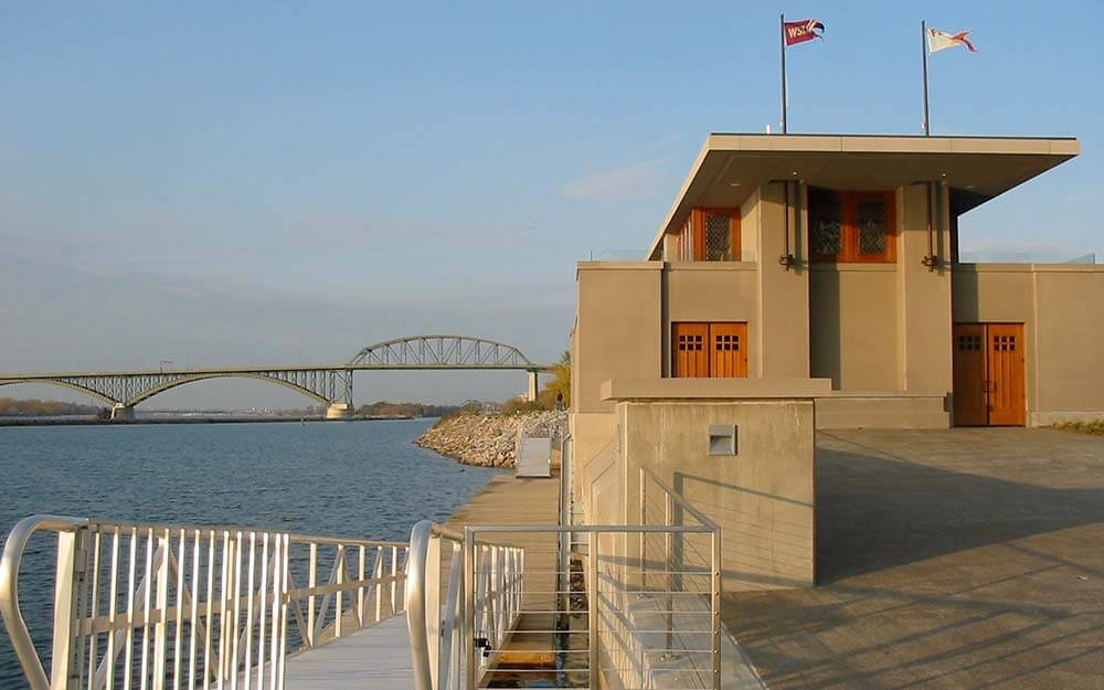 Frank Lloyd Wright initially designed the Fontana Rowing Boathouse for a site at the University of Wisconsin more than a century ago, which was never built.