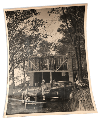 Photograph of the construction of a home on Cayuga Lake in New York