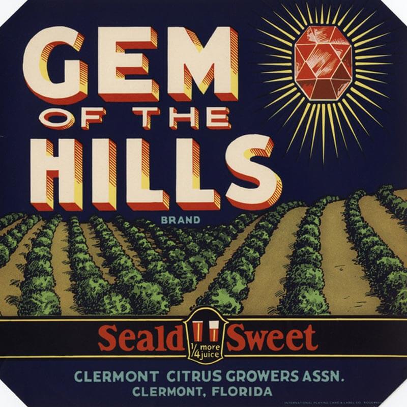 An illustrated Gem of the Hills brand citrus label has orange groves on a blue background with a shining, red gemstone in the upper corner.