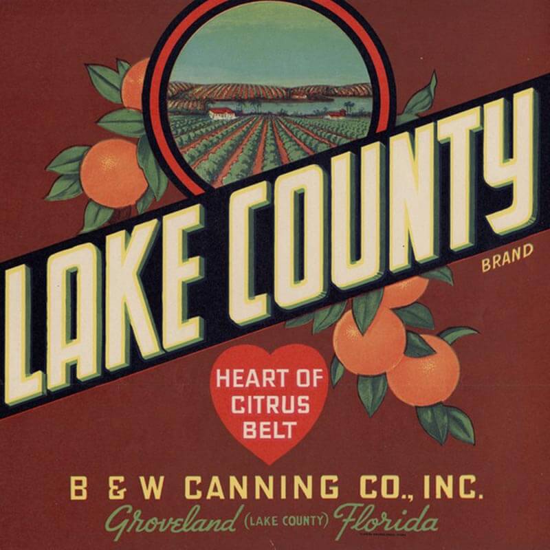 An illustrated Lake County brand citrus label has white letters and a red background with an orange broach, orange groves and a heart in foreground.