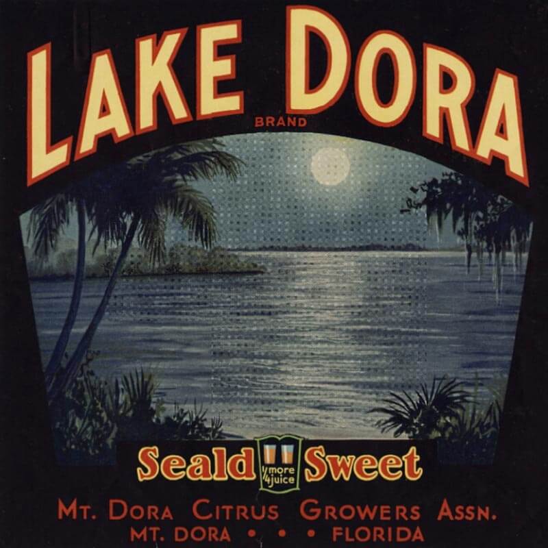 An illustrated Lake Dora brand citrus label is black with yellow lettering and has an image of a moonlit lake.