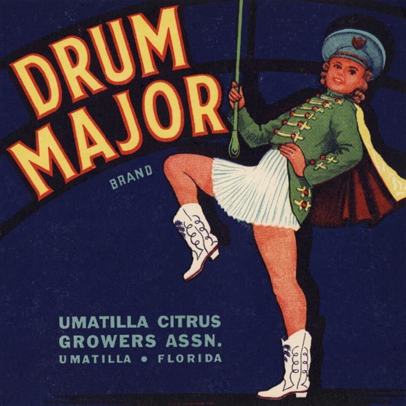 An illustrated Drum Major brand citrus label is blue with a female drum major marching towards large, yellow letters.