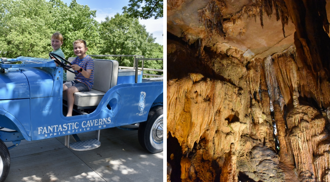 Two little boys pose in an antique buggy, the rock formations inside a cavern at Fantastic Caverns in Springfield, Missouri