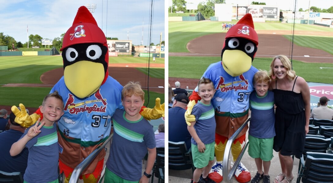 Two little boys pose with Louie, the Springfield Cardinals mascot, and a mom and her two sons pose with Louie, the Springfield Cardinals mascot in Springfield, Missouri