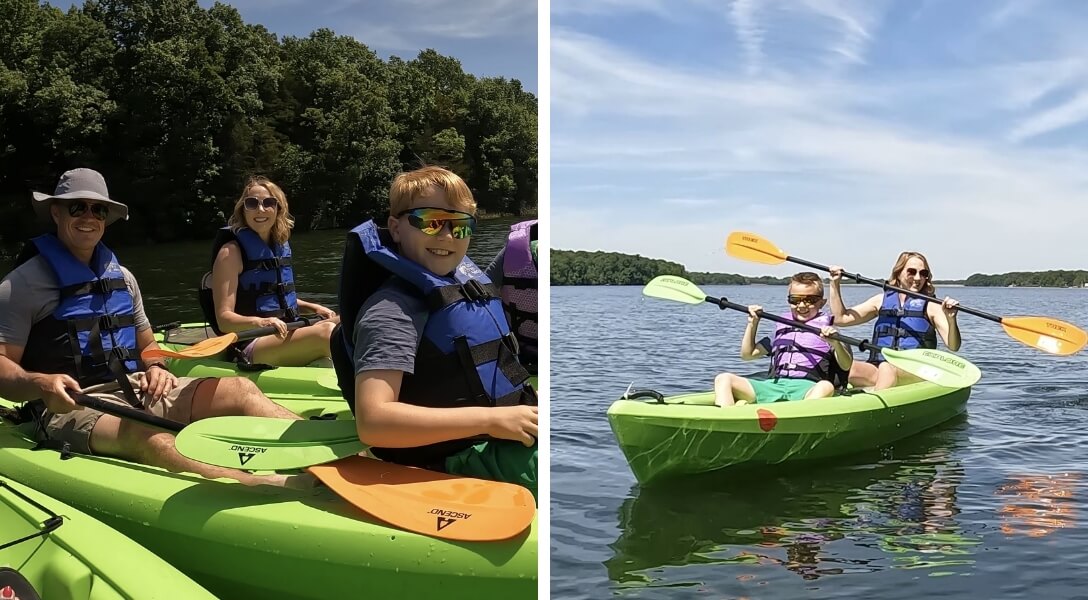 A father, a mother, and their two sons pose in kayaks on Fellows Lake in Springfield, Missouri, a mother and her son kayak on Fellows Lake in Springfield, Missouri