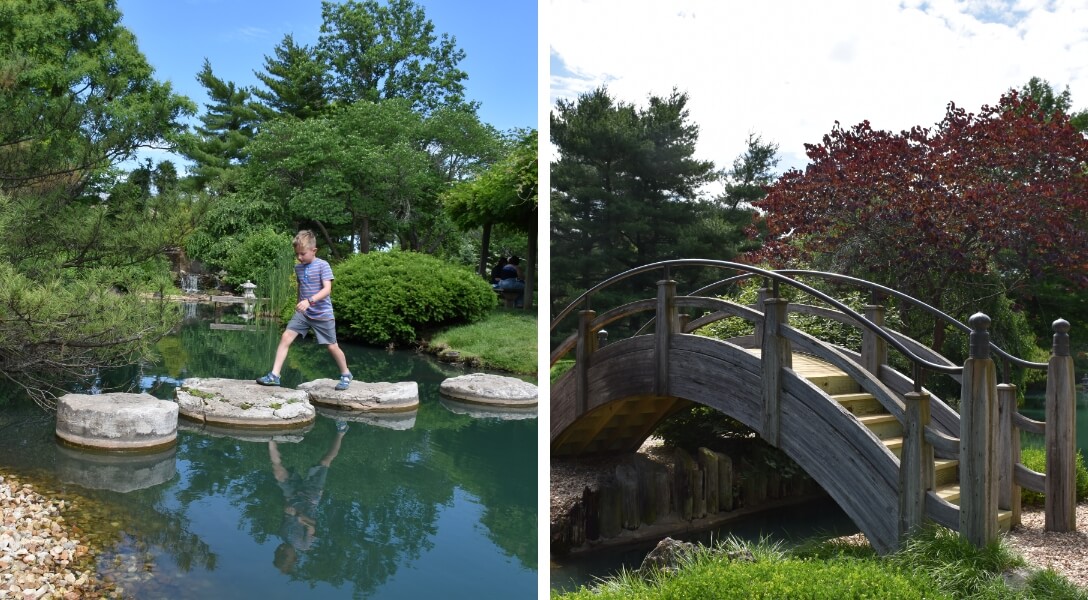 A little boy crosses the stepping rocks at the Mizumoto Japanese Stroll Garden in Springfield, Missouri, a wooden walking bridge over water at the Mizumoto Japanese Stroll Garden in Springfield, Missouri