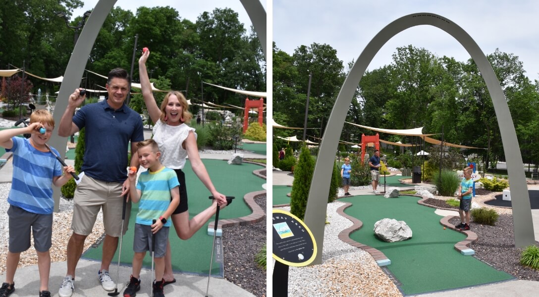 A father, a mother, and their two sons pose with miniature golf clubs and balls at Getaway Golf in Springfield, Missouri, a father and his two sons play miniature golf at Getaway Golf in Springfield, Missouri