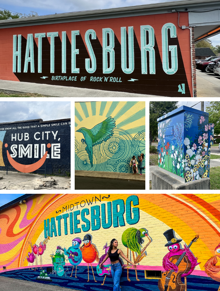 From top (left to right): Birthplace of Rock & Roll mural; Hub City, Smile mural; Spread Your Wings mural; Regional Flora Utility box artwork; The Hattiesbirds mural