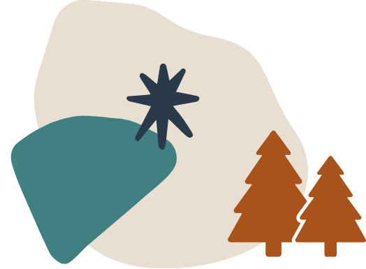 A teal illustration of pine trees.