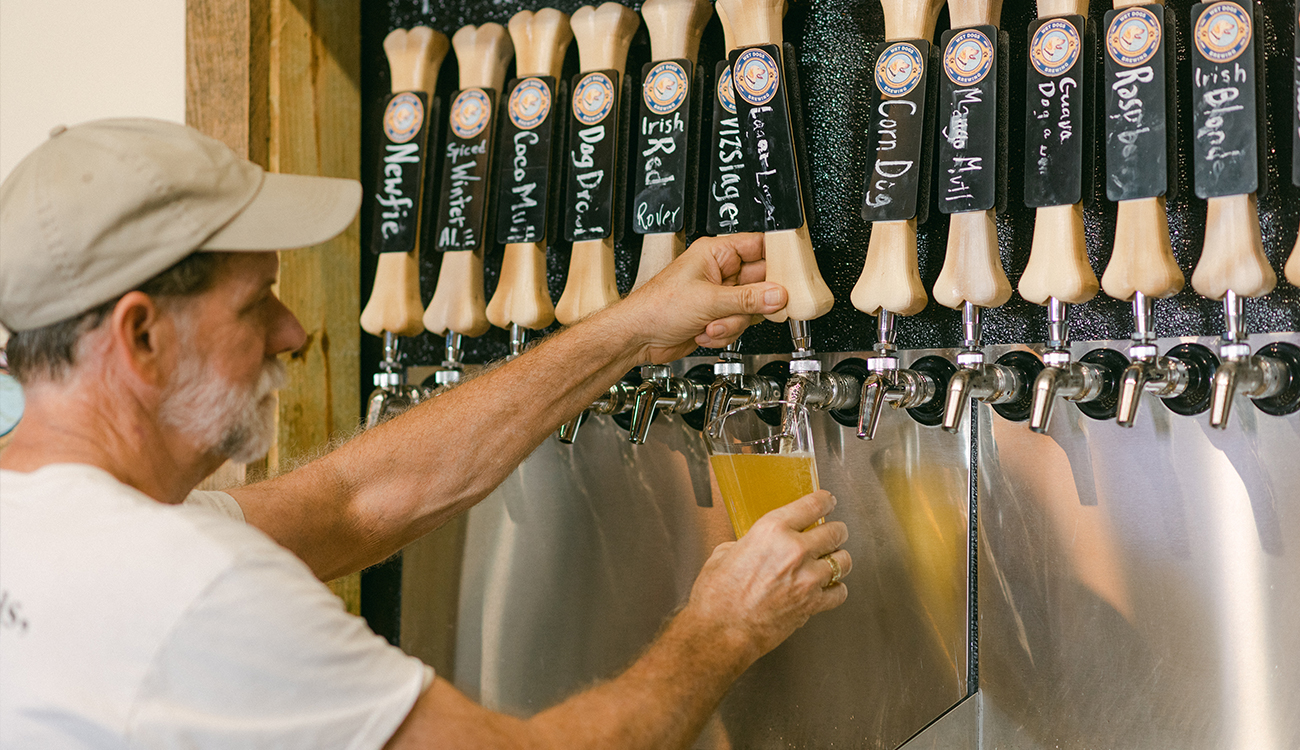 An older gentleman pours a pint of craft beer from the tap at Wet Dogs Brewery in Lake Placid, Florida. 