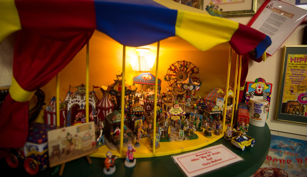 A miniature table top diorama of a ciruc is on display at Toby's Clown Foundation and School in Lake Placid, Florida.
